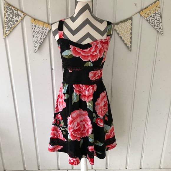 B. Smart Dresses & Skirts - B. Smart Black Pink Floral Lace Fit & Flare Dress